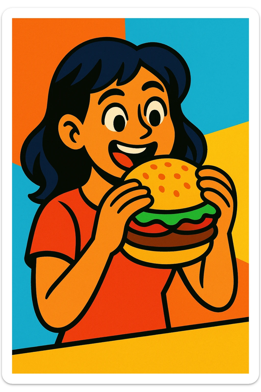 a girl with dark hair eating a burger, vibrant cartoon style sticker
