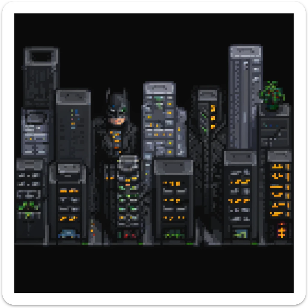 Pixel art night scene of Gotham City. Dark, moody street with a flickering lamppost, trash bins, and a few shadowy human silhouettes. Gritty atmosphere, subtle lighting, cinematic noir vibe. sticker