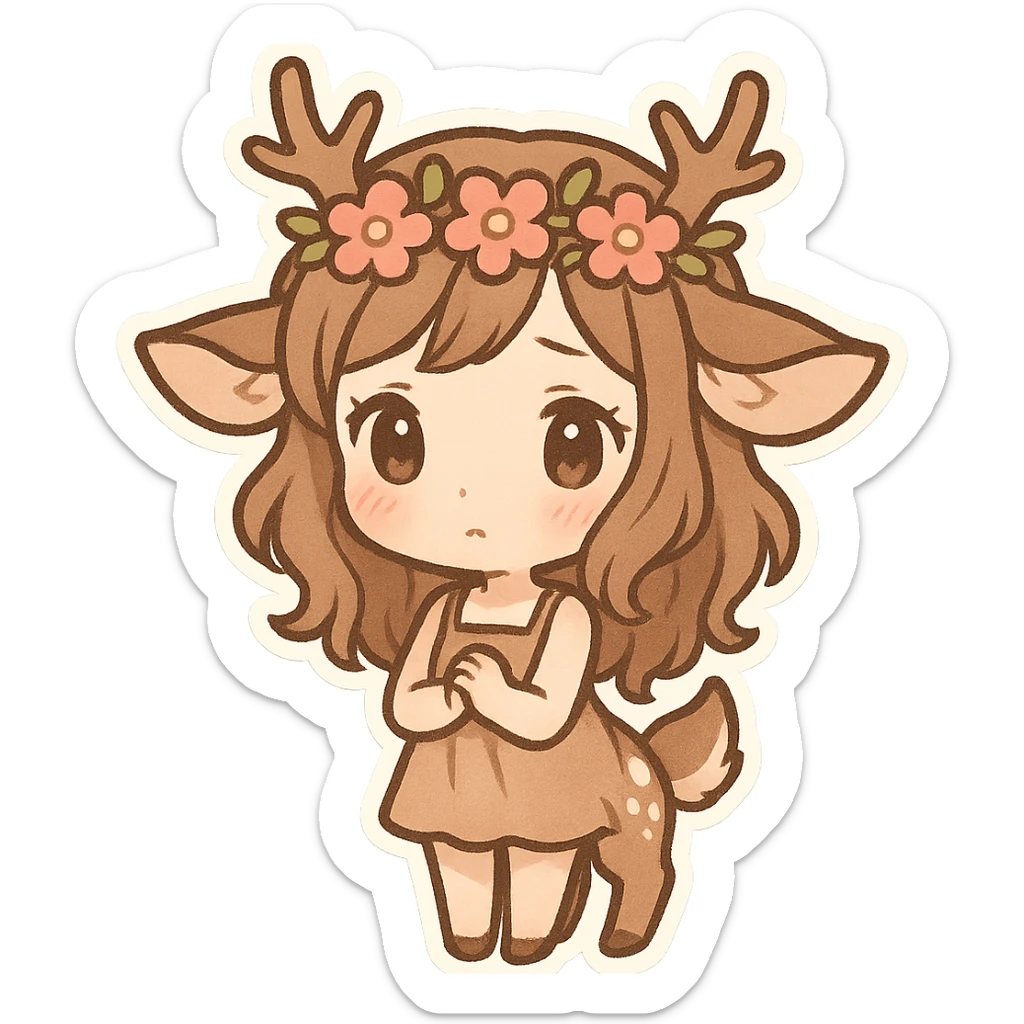 chibi stickers style deer girl with antlers and a flower crown, gentle and shy sticker