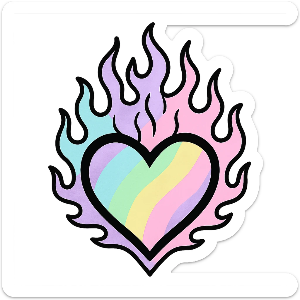 pastel goth heart with pastel flames and black outline, pastel rainbow and black, whimsical gothic style sticker