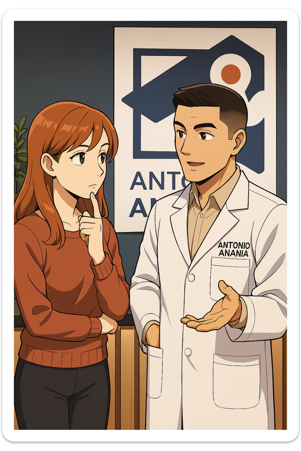 su questo stile fai un manga/webtoon a colori in cui una donna SI TOCCA IL MENTO CON L'INDICE MENTRE ASCOLTA PENSIEROSA L'UOMO, l'uomo della foto in stile manga LE SPIEGA CHE DEVE PROVARE LA SUA VALUTAZIONE MEDICA, mantieni un ambiente simile alla foto che ho allegato con il suo logo (sarebbe il suo studio, lui è un kinesiologo), scrivigli "ANTONIO ANANIA" sul camice bianco, non mettere fumetti, ma fai in modo che sembri che la donna ASCOLTI l'uomo sticker