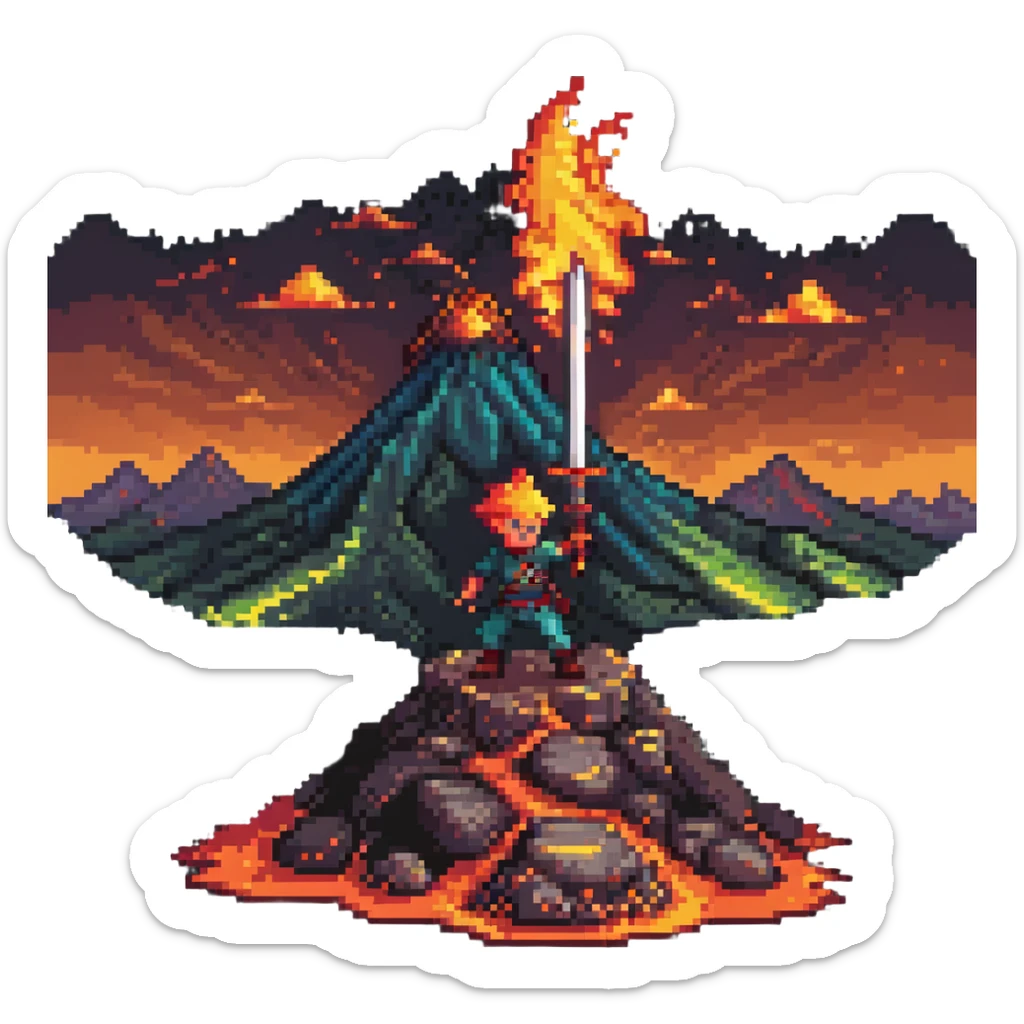 a boy wielding a flaming sword atop a volcano, pixel art style, vibrant colors sticker
