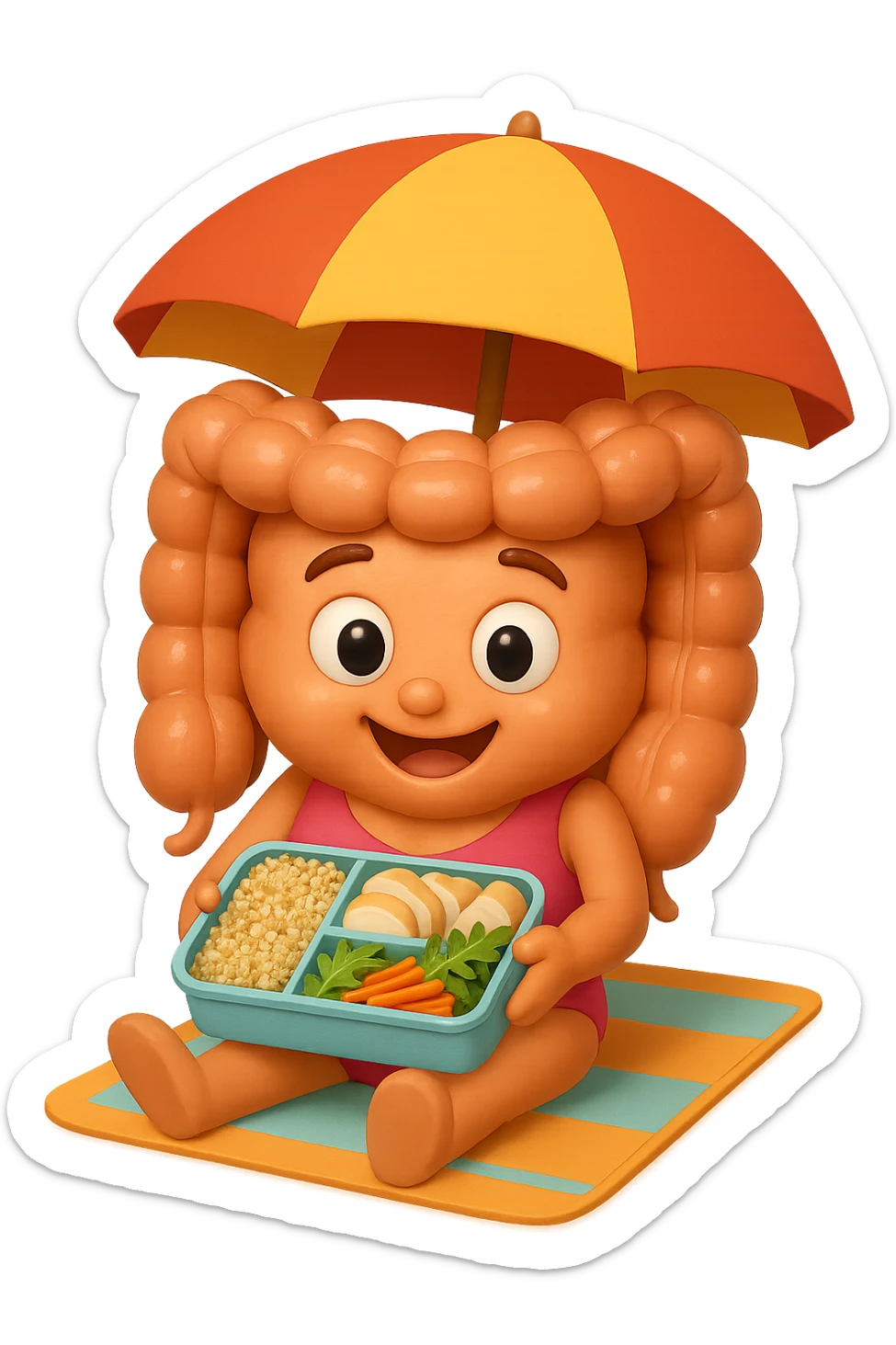 EMOJI STILE IPHONE DI INTESTINO DONNA CON COSTUME INTERO IN SPIAGGIA SEDUTO SU UNA SPIAGGINA SOTTO L'OMBRELLONE CON IN MANO UNA SCHISCETTA DI Insalata di quinoa e pollo con rucola e carote, iperrealistica 4k sticker