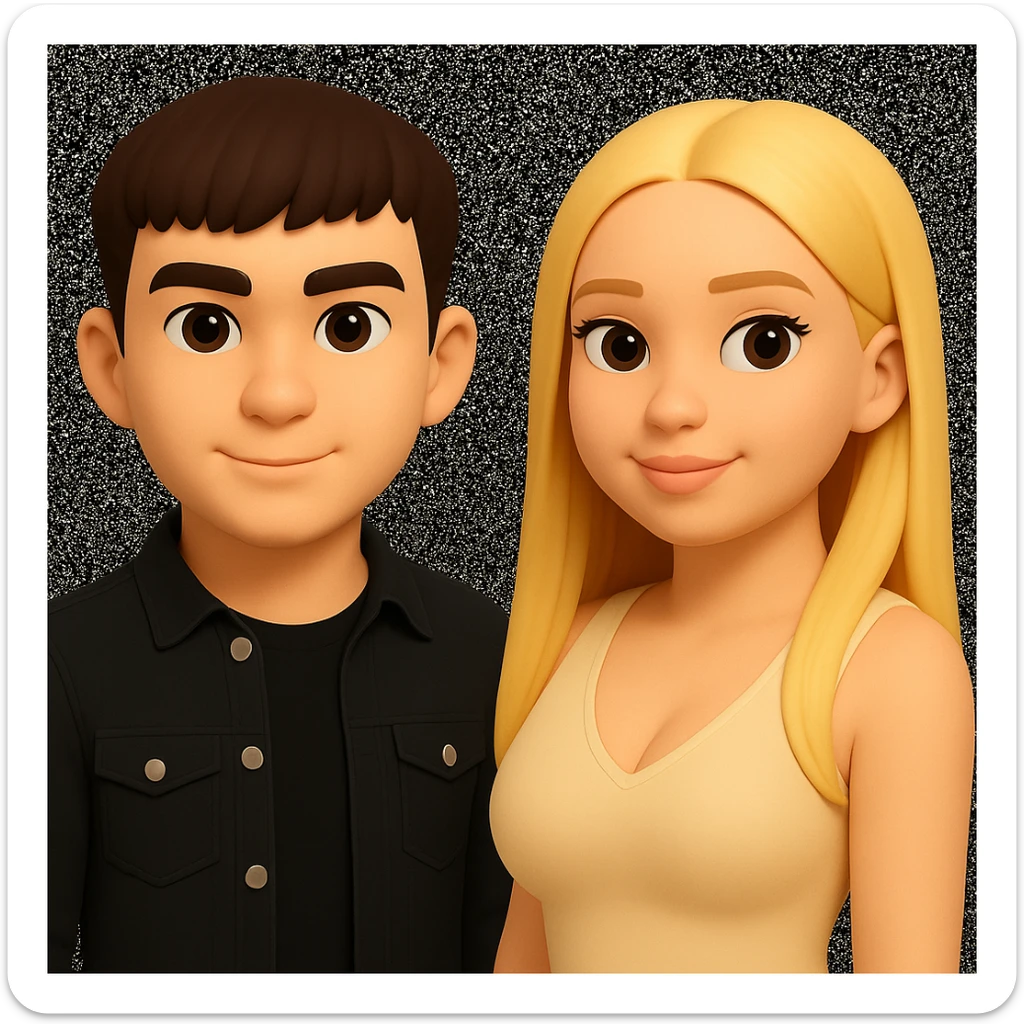 In the style of 3D Emoji, slightly increase the volume of the upper body of the girl, separate the girl and the boy from each other, and make the skin color the same for both characters. Maintain the 3D Emoji style characteristics. sticker