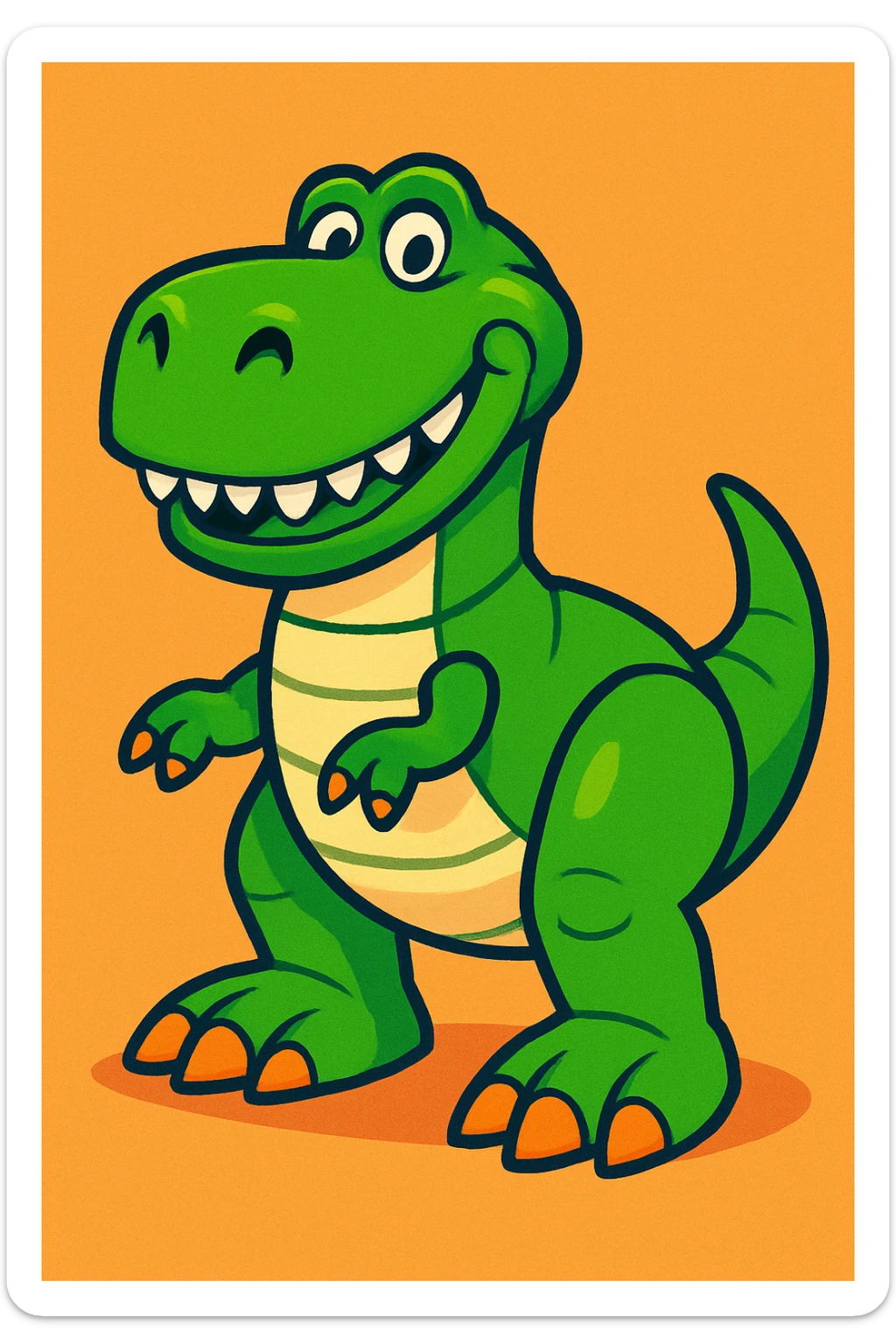 fun animated style dinosaur toy with a friendly smile, inspired by Toy Story sticker