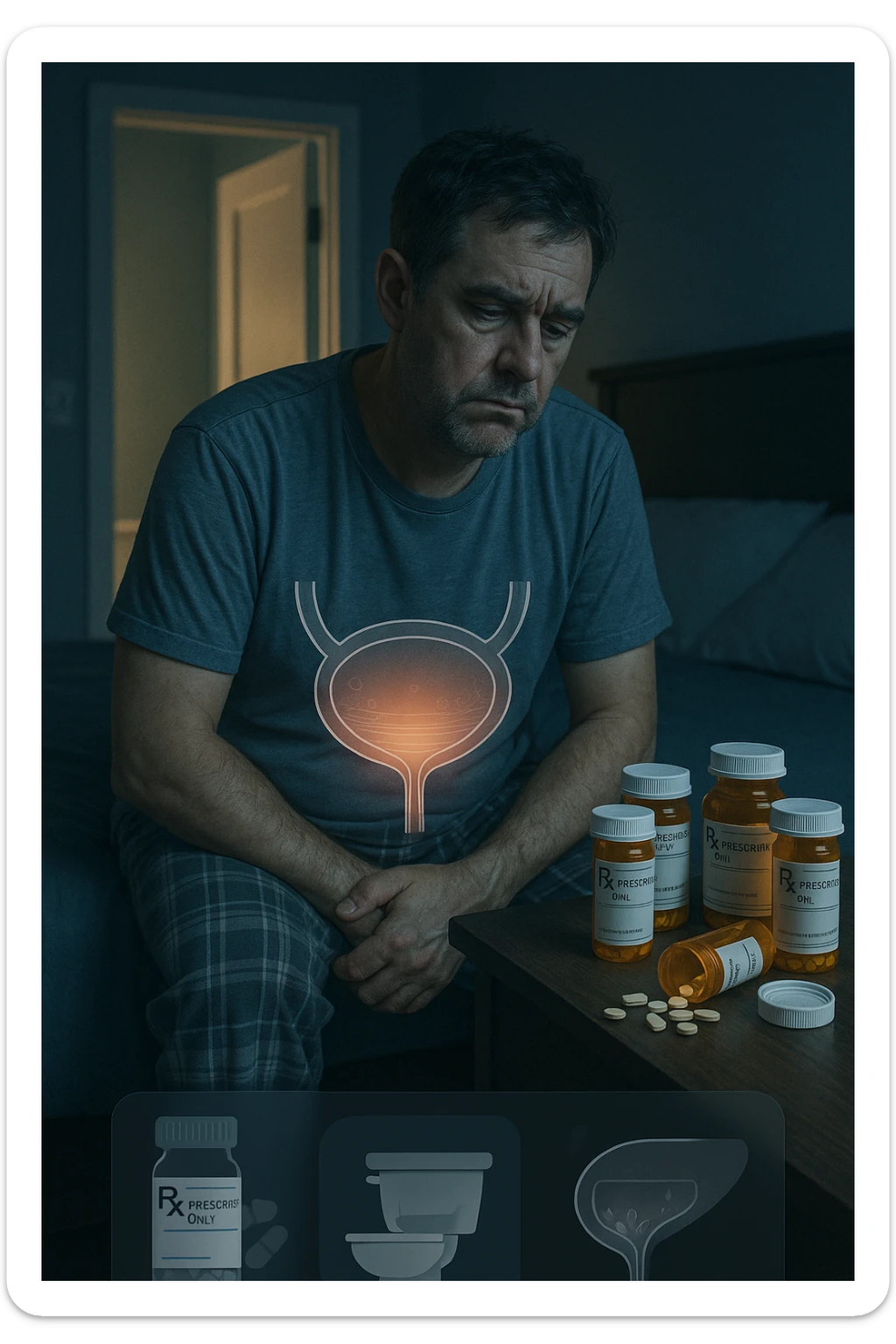 A middle-aged man sits on the edge of his bed in a dimly lit bedroom, looking exhausted and frustrated. On the nightstand beside him are several prescription pill bottles, loosely organized, some open — suggesting long-term medication use. In the background, the bathroom door glows softly, partially open, with a faint reflection of the toilet visible, indicating frequent nighttime trips. The man wears a loose T-shirt and pajama pants, his posture slightly curved as he gently touches his lower abdomen, symbolizing bladder discomfort. His eyes have dark circles, his expression is drained. The color palette is muted blues and greys, with a cinematic soft focus and ambient light highlighting emotional fatigue. A subtle overlay of pill labels and bladder imagery could be added for educational use. sticker