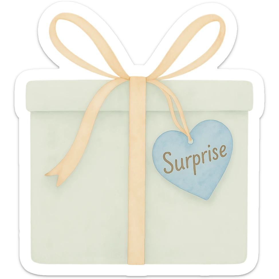 Change the heart-shaped gift tag to blue, keep the name 'Surprise'. sticker