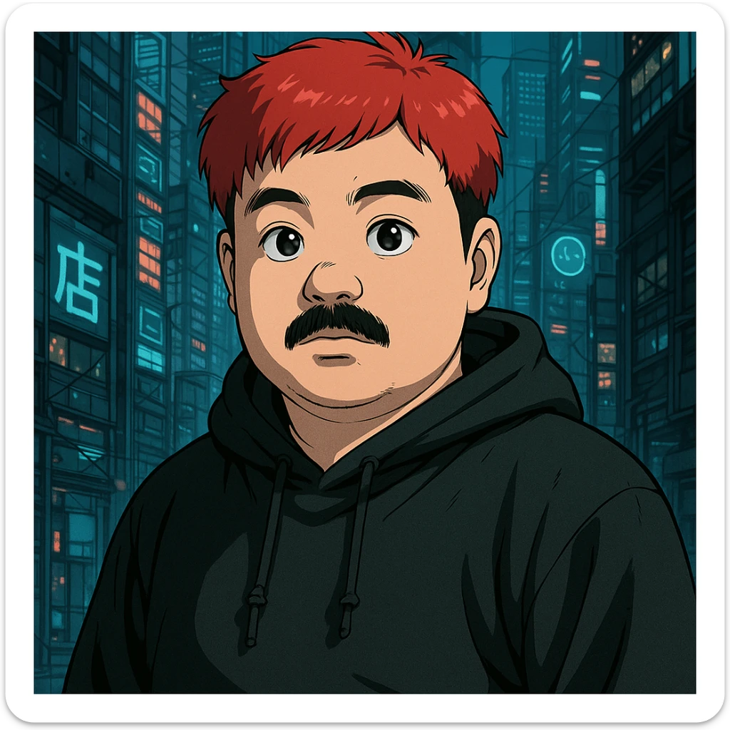 Asian man with a round face, black mustache, red hair, black hoodie, Ghost in the Shell-inspired anime style, large expressive eyes, futuristic city background, high detail sticker