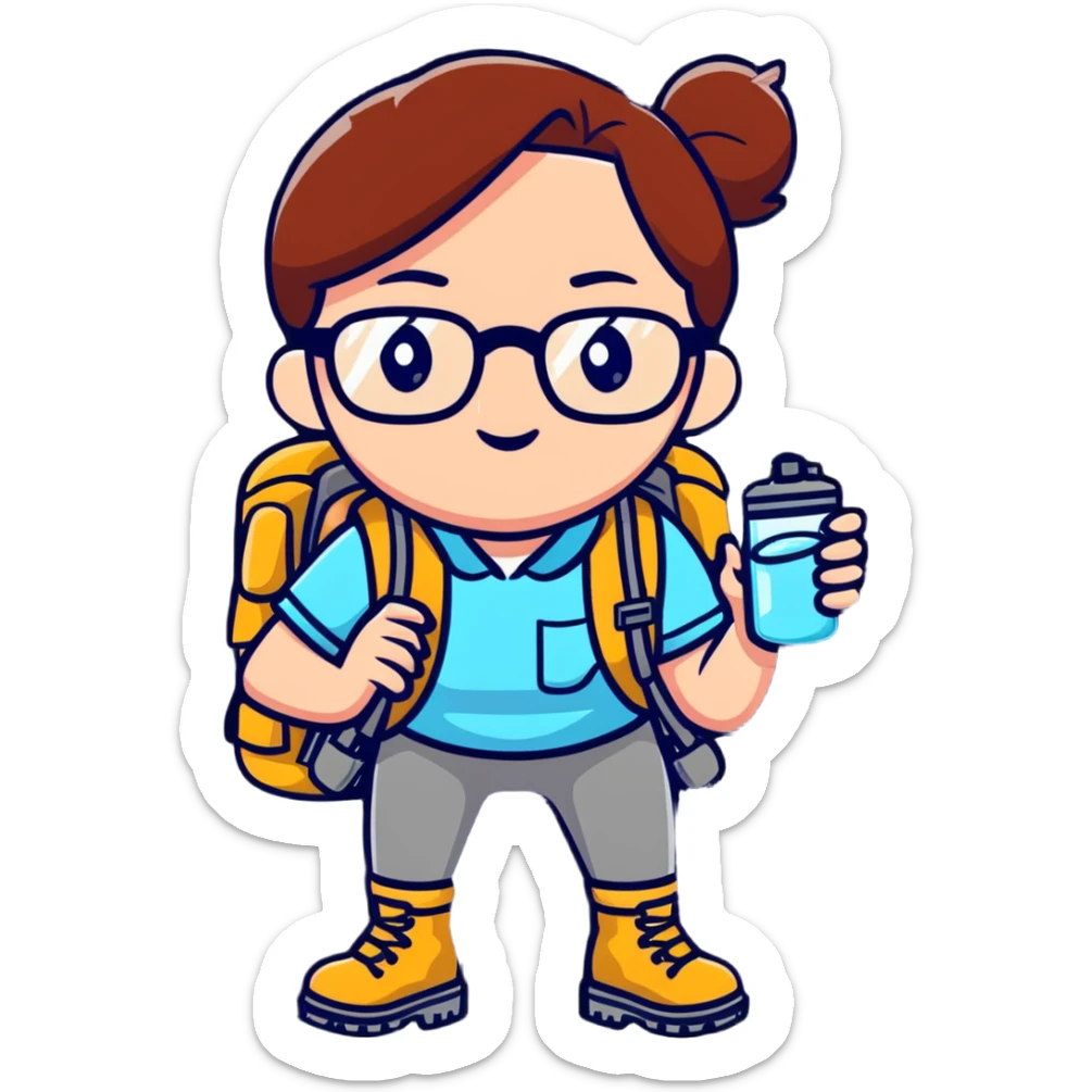 Woman in her late 30s with glasses wearing sporty outfit, hiking boots, and backpack, holding a magnifying glass and looking curious sticker