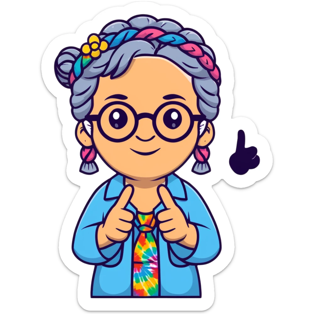 hippie grandma with round glasses, peace sign, tie-dye shirt, grey hair in braids sticker