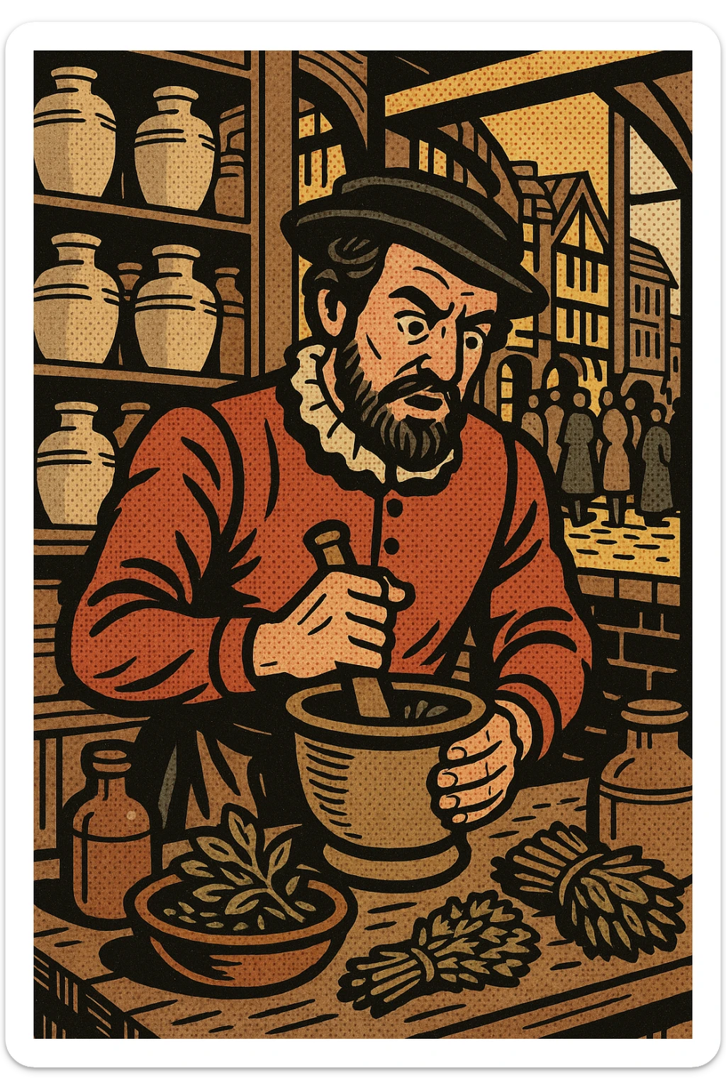 A man working in an apothecary selling a wide range of herbs and medications from the 1600s in a busy town shop from the tudor era sticker