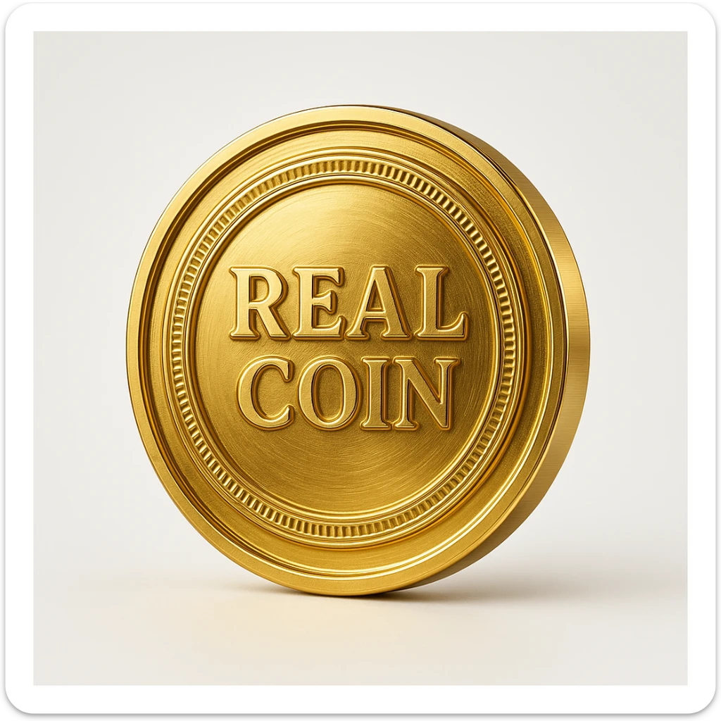 a gold coin with the words 'real coin' written in the center, realistic metallic shine, clear readable text, centered composition sticker