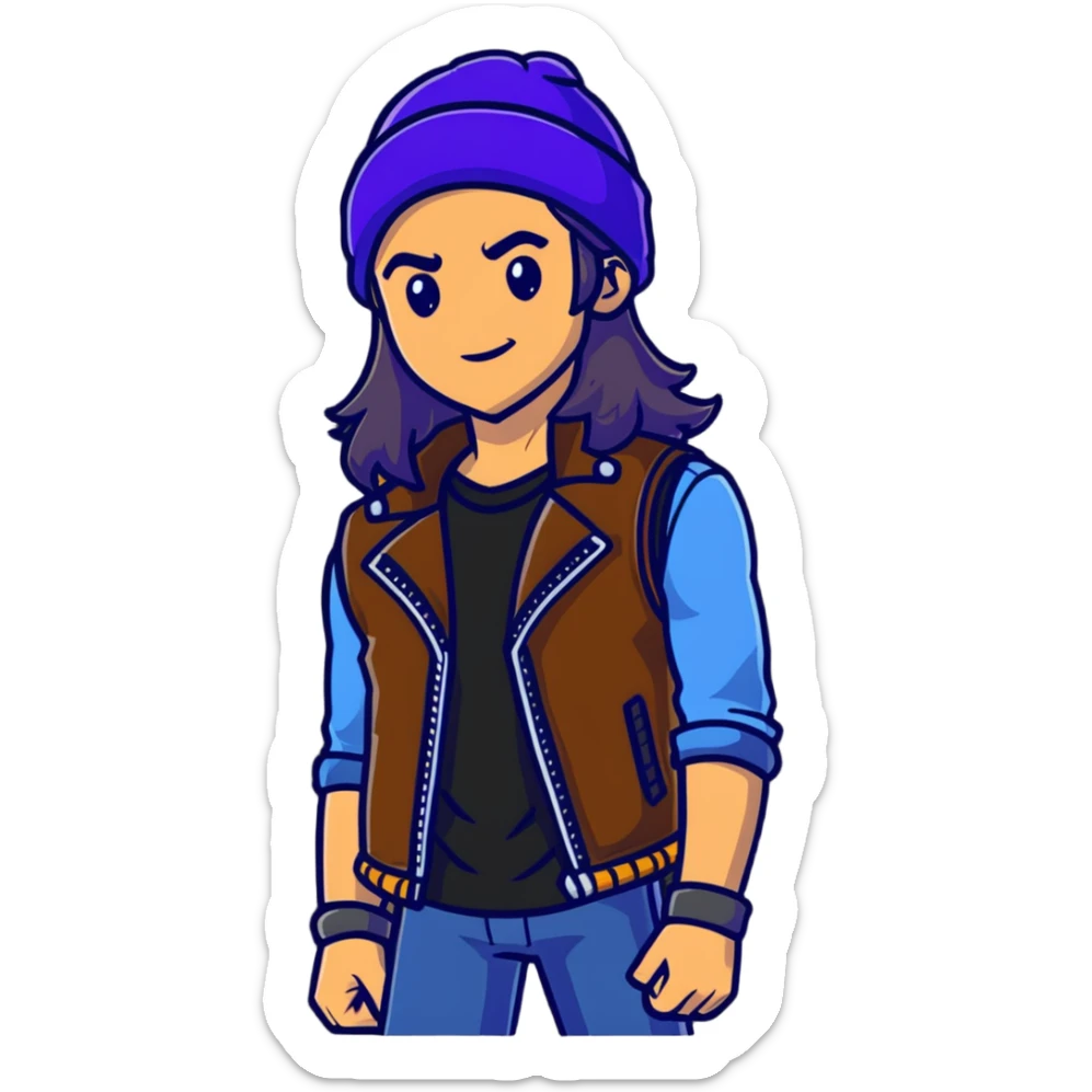 Jay from Descendants, long hair in a beanie, leather vest, athletic build sticker