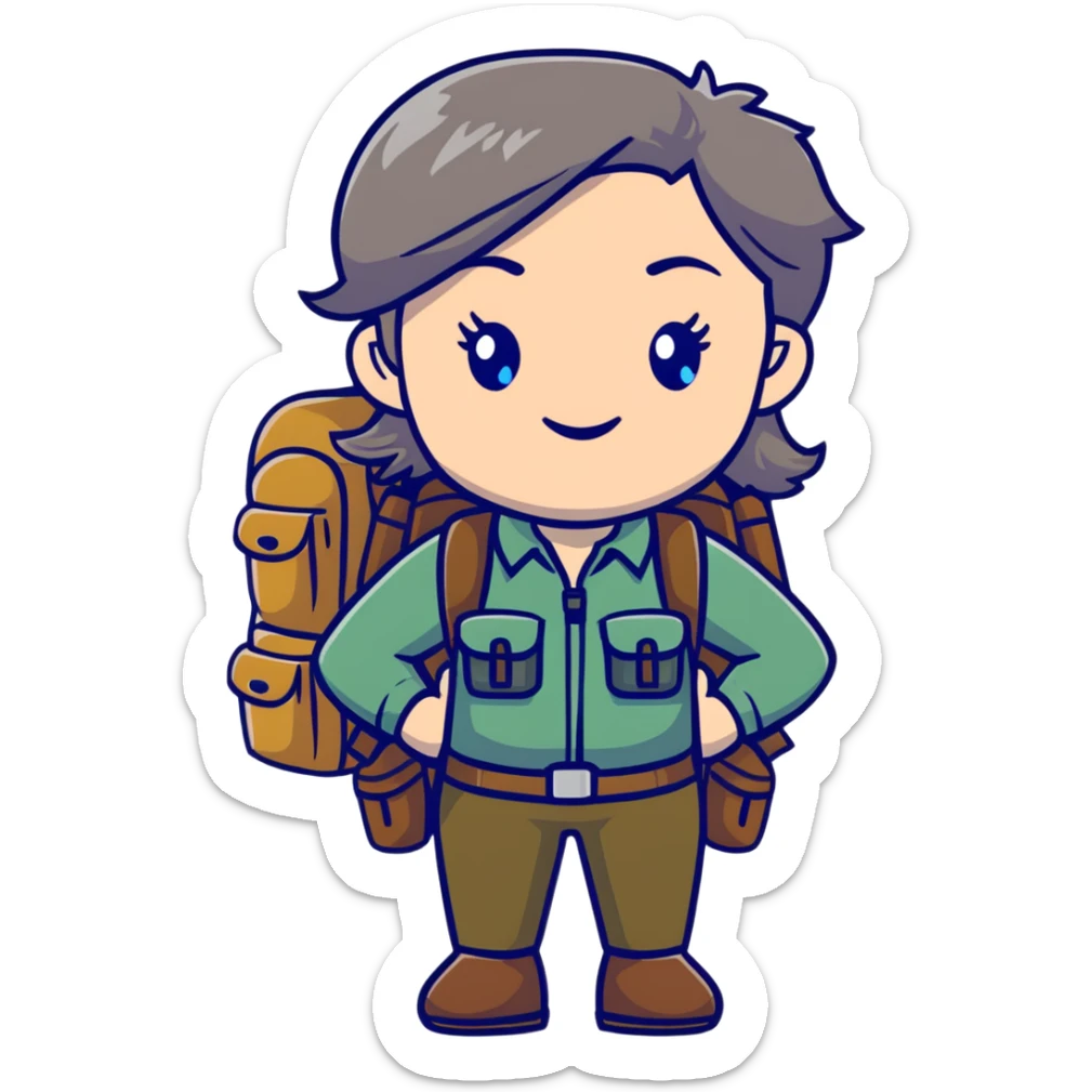 white woman park ranger with gray and brown hair, blue eyes, wearing a backpack sticker