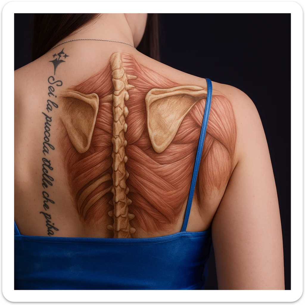 Add anatomically detailed and well-visible scapulae on the woman's back in a realistic anatomical style, with slight highlighting of the surrounding muscles. The image should emphasize anatomical accuracy and muscle structure around the scapulae. sticker