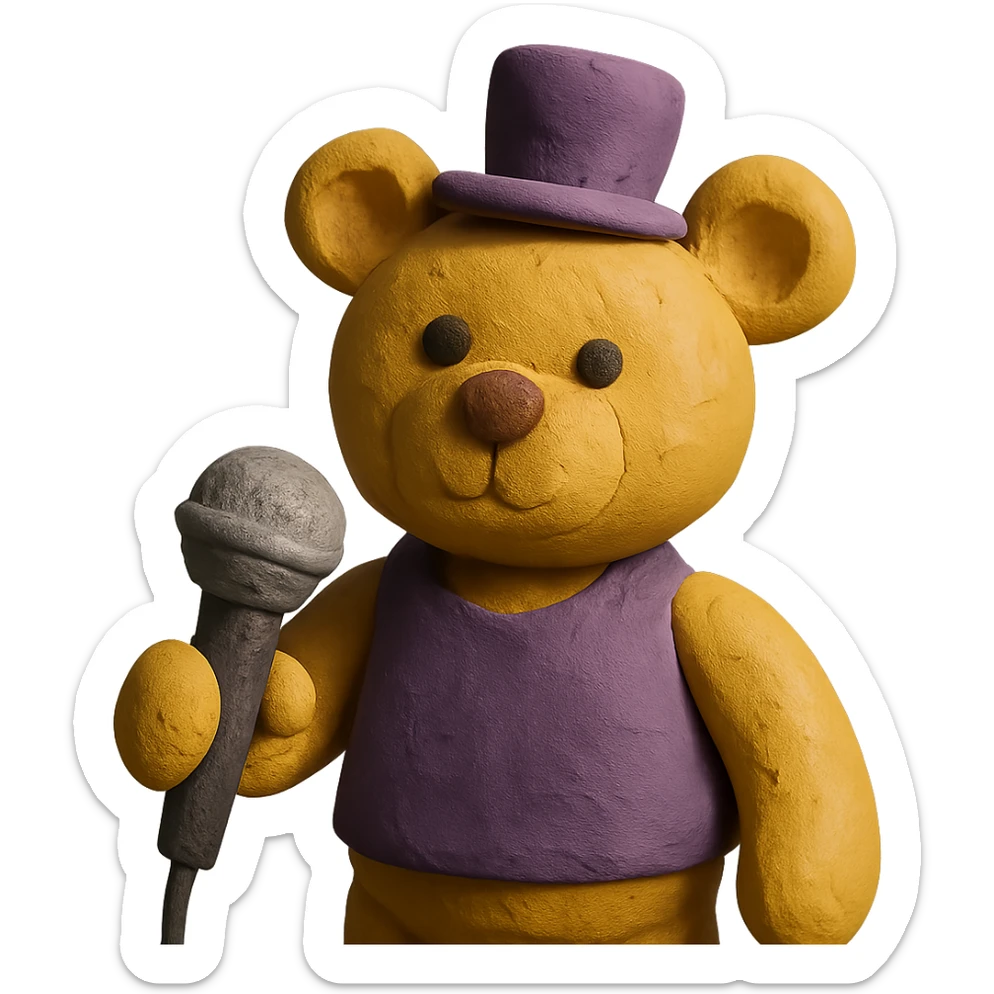 yellow bear plushy with a purple top hat and a mic sticker