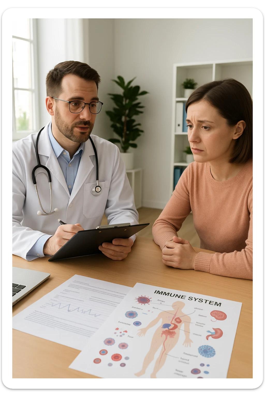 a doctor sits across from a patient in a bright, modern medical office. The doctor holds a clipboard and gently explains the diagnosis, while the patient listens with a concerned but attentive expression. On the desk, there are medical charts and a diagram of the immune system. The mood is empathetic and professional. sticker