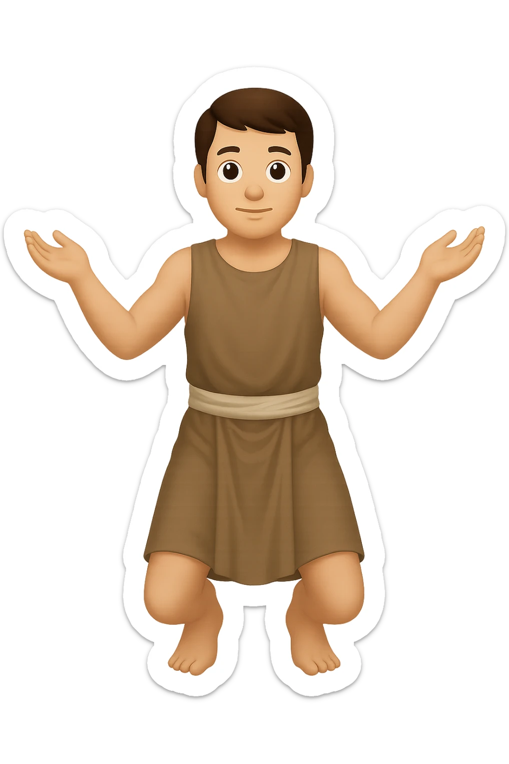 Remake this emoji in apple emoji style with brown hair and no silver handbands, fullbody apostle kneeling pose, new variation 7. Maintain the apple emoji style look and details. sticker