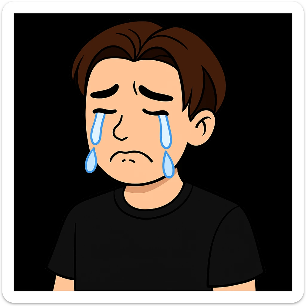 Edit the image of the boy to show him crying with tears flowing from his eyes, with a sad face, wearing a black shirt. Keep the face and style as in the original image. sticker