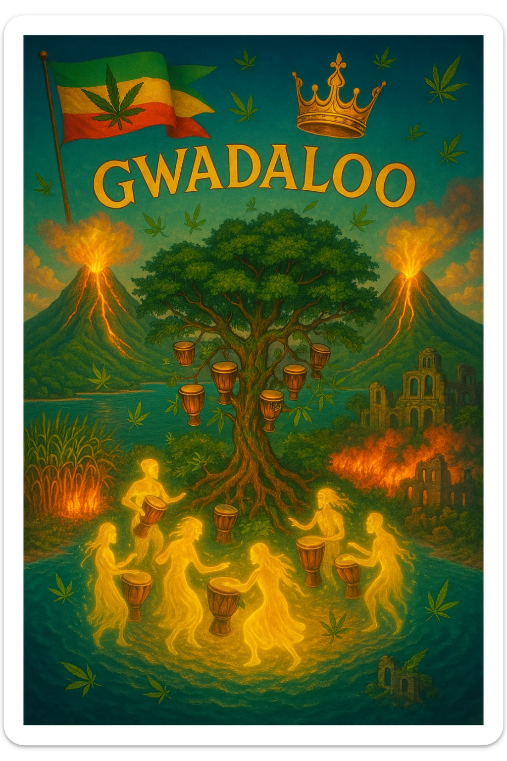 “Depict a mystical reimagining of Guadeloupe, a sacred French Caribbean island renamed Gwadaloo in spiritual rhythm. The landscape blends lush green mountains, twin volcanoes erupting golden light, and deep turquoise sea. In the center stands a legendary Drum Tree — its branches grow carved wooden drums instead of fruit, and glowing ancestral spirits dance around it in a circle of rhythm. Sugarcane fields burn gently in the background, symbolizing the release of colonial pain, while ganja leaves drift in the wind like blessings. Overhead, a sacred ganja-leaf flag flutters in the sky with red, green, and gold colors. A Creole crown floats in golden light above the island, not on any man’s head, but pulsing to the beat of the land. In the distance, ghostly ruins of colonial buildings crumble into dust, reclaimed by vines and time. Use a vibrant, cinematic color palette with warm golden light, deep greens, glowing reds, and ocean blues. Style the scene as prophetic, surreal, and empowering — a vision of Caribbean sovereignty, rhythm, and soul remembrance." sticker