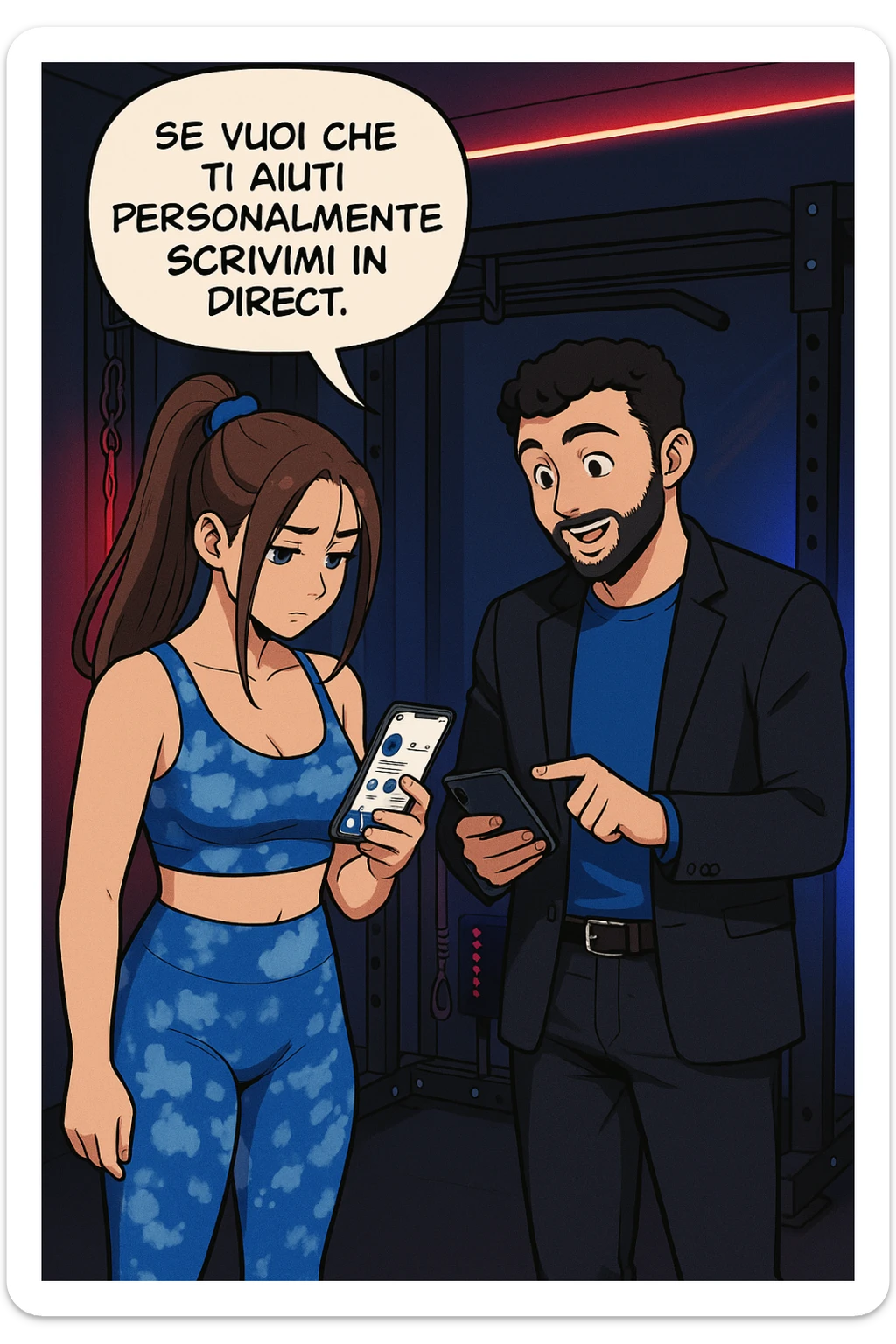 TRASFORMA QUESTO CAROSELLO IN UN FUMETTO STILE WEBTOON/MANGA A COLORI CON QUESTE DUE PERSONE IDENTICHE CHE INTERLOQUISCONO TRA LORO, L'UOMO MOSTRA UNO SMARTPHONE ALLA DONNA INDICANDOLO, E ANCHE LA DONNA HA LO SMARTPHONE IN MANO PER ANDARE A SEGUIRE IL SUO PROFILO INSTAGRAM:

LUI (UOMO): Se vuoi che ti aiuti personalmente
SCRIVIMI IN DIRECT sticker