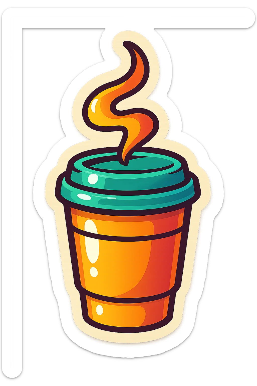 playful retro sticker-style illustration of a takeaway coffee cup with a swirl of steam above it, bold outlines, smooth forms, glossy expressive highlights sticker
