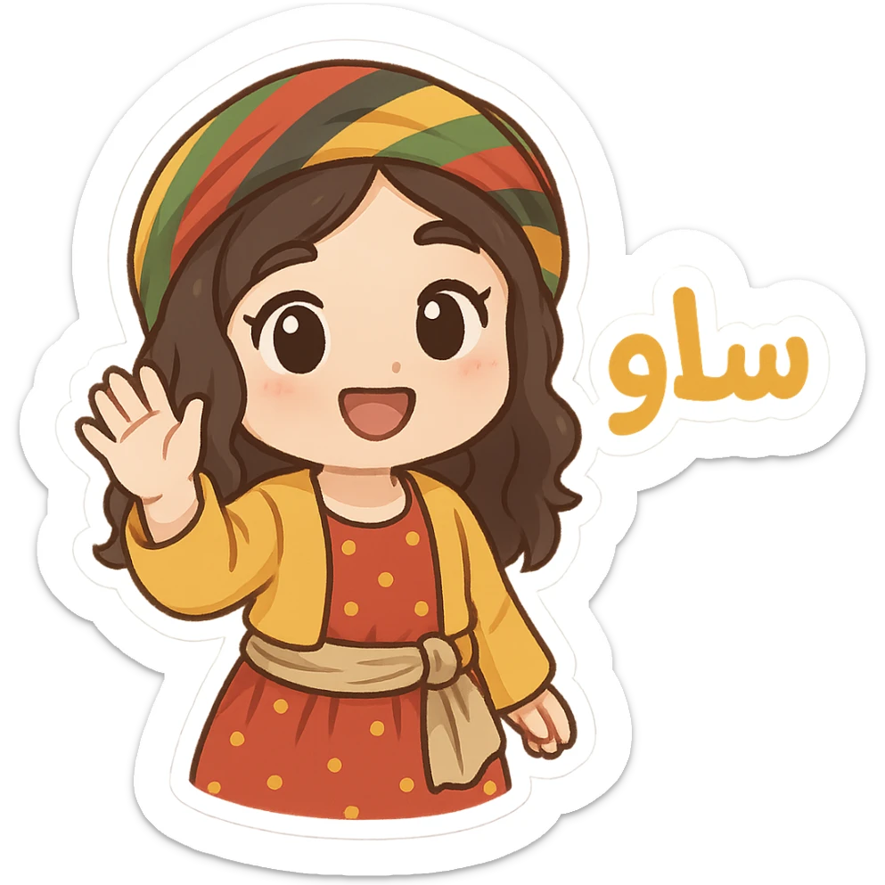 lively and cute chibi sticker of a Kurdish person in traditional dress, Kurdish greeting 'سڵاو' in a bright, cheerful font, optimized for WhatsApp and Instagram sticker
