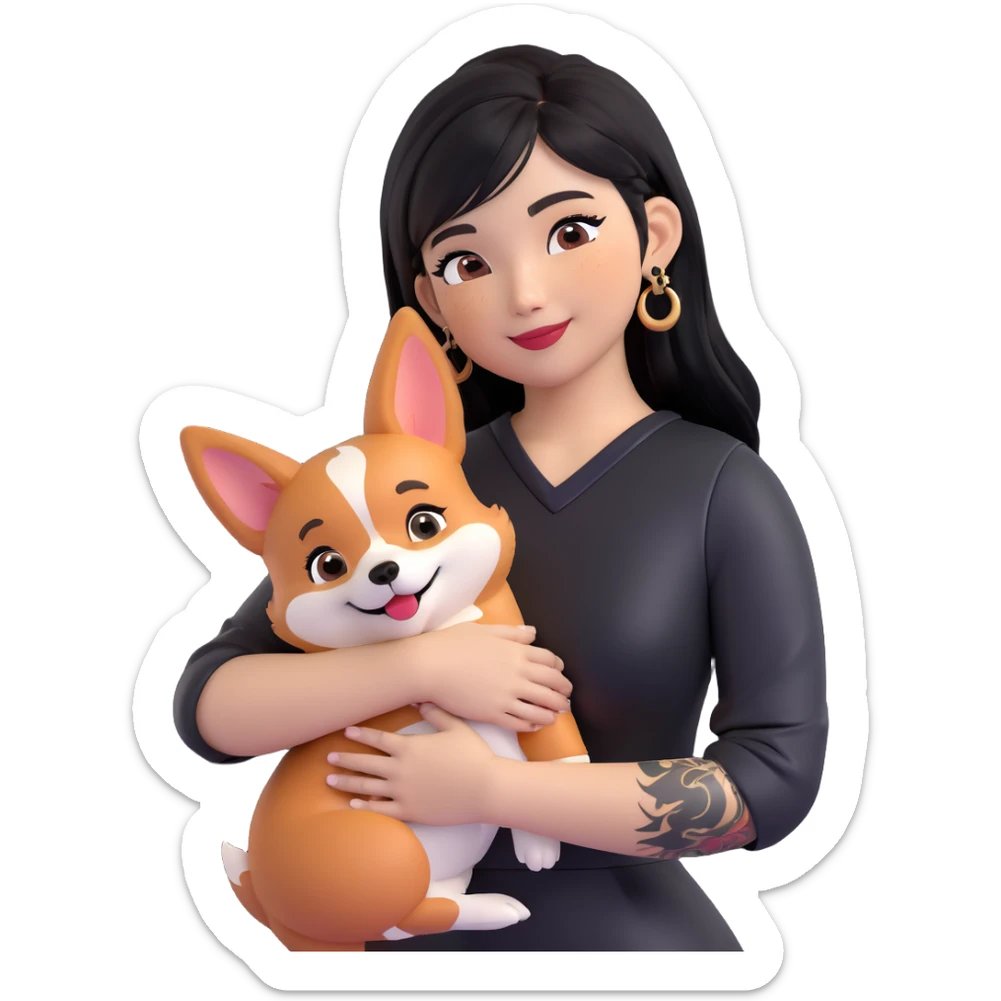 expressive emoji of an Asian girl with long black hair and wispy deep-parted side bangs, wearing a black leather dress, gold earrings, false lashes, and a 3/4 sleeve tattoo on her left arm, hugging a happy red head tri-color corgi, simplified, clear, emoji-like sticker