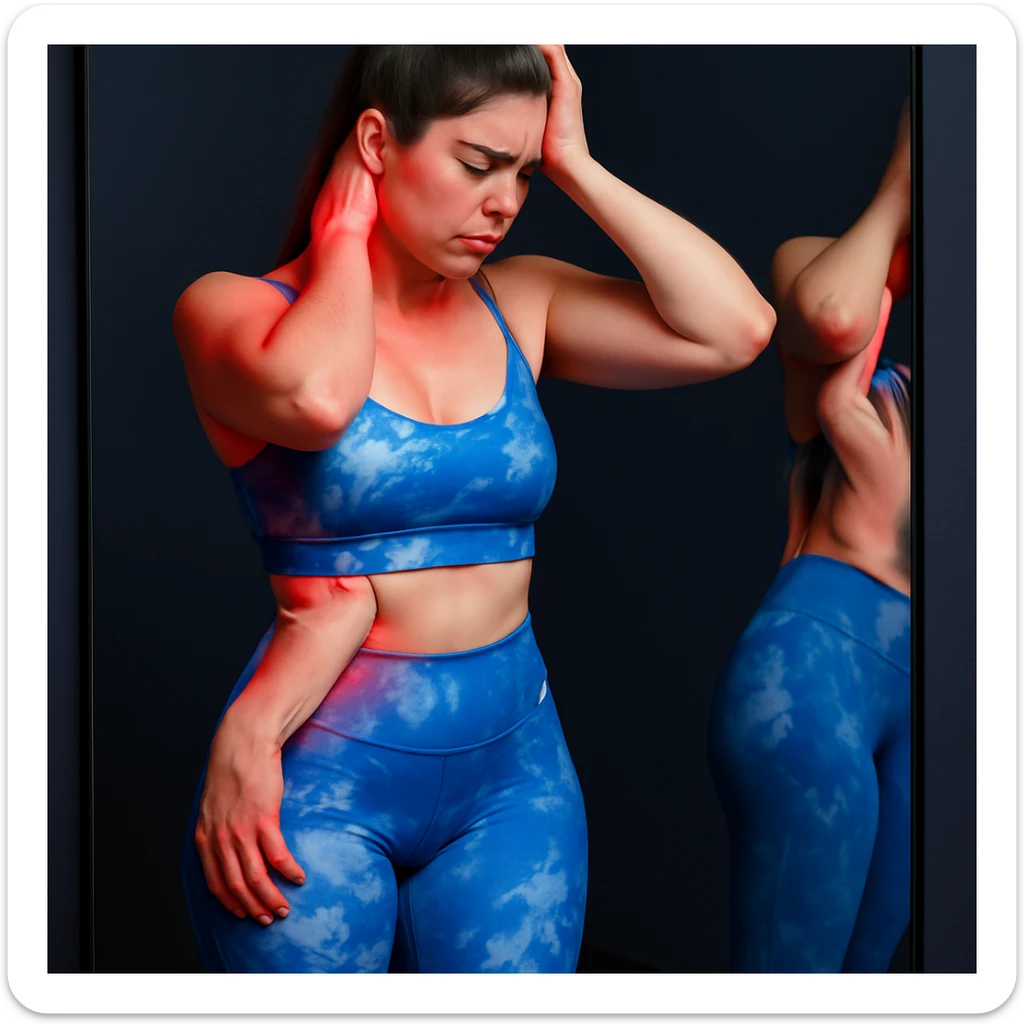 A slender woman in 4K, standing in front of a mirror, one hand on the reddened nape and the other on the forehead, eyes closed in pain, inspired by the reference photo. sticker