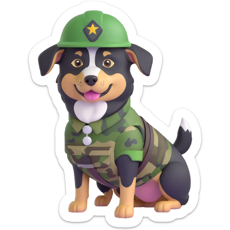 black-tri Mini American Shepherd in a camo green soldier uniform and green helmet sticker