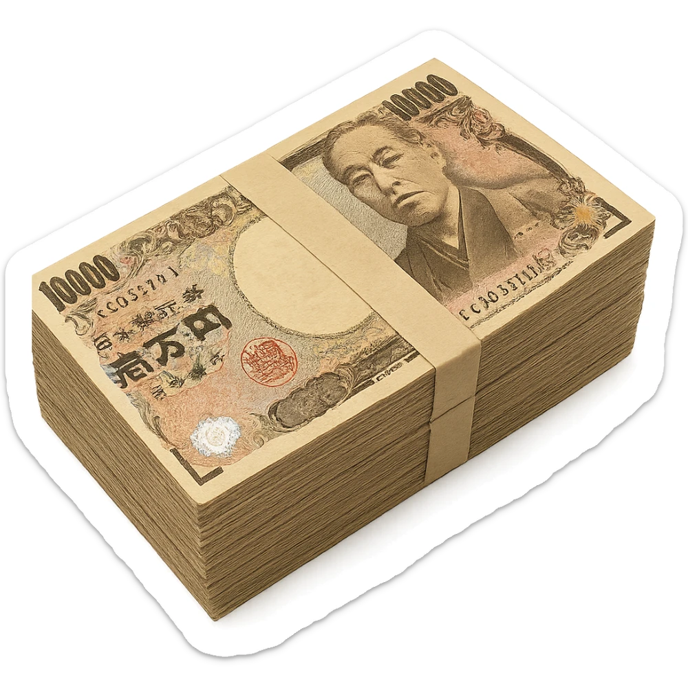 a stack of Japanese yen banknotes viewed from the top, showing the bills' details and colors sticker