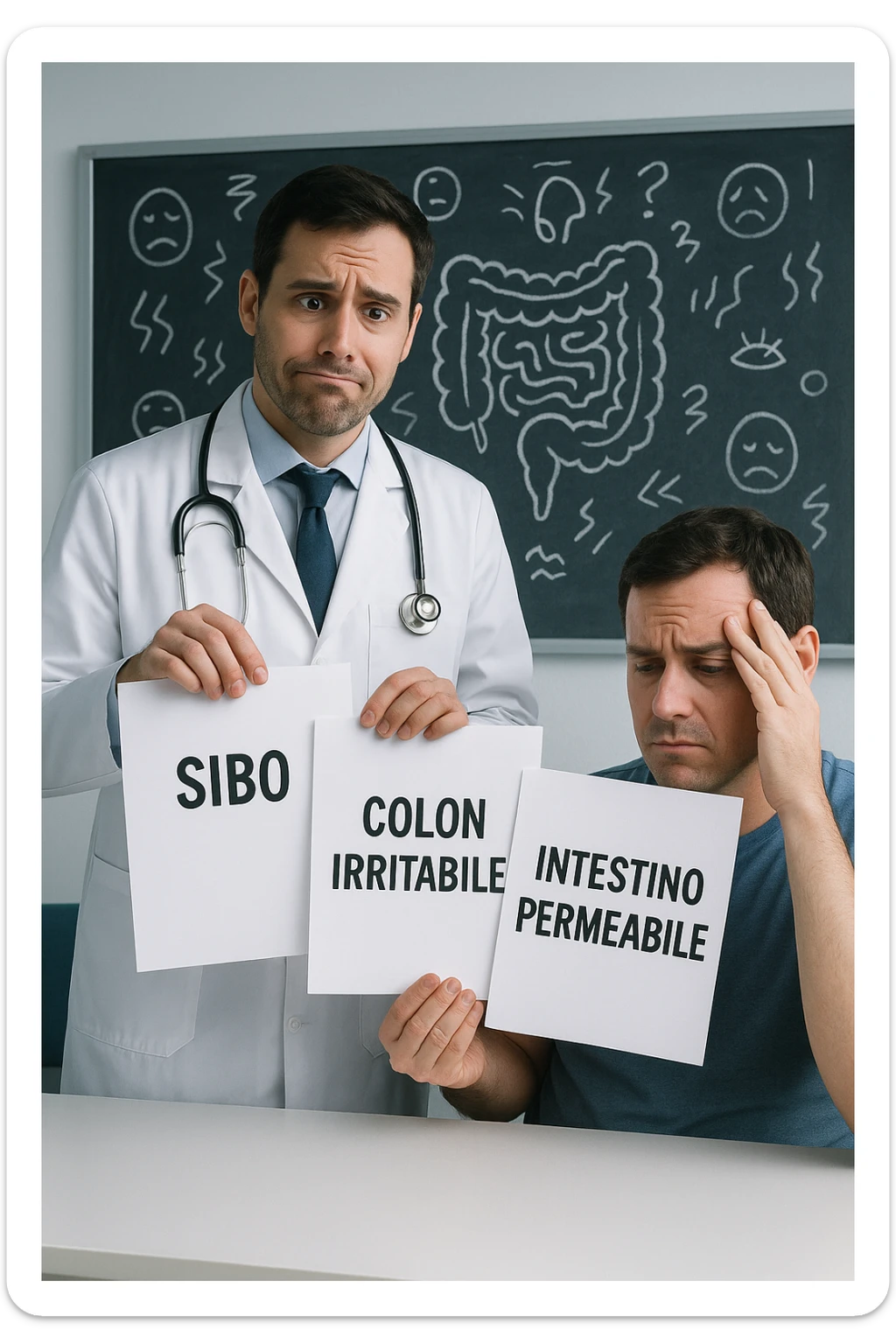 Scena clinica con un medico confuso in camice bianco davanti a un paziente seduto. Il medico ha tre fogli in mano, e li mostra uno alla volta con espressione incerta: il primo dice 'SIBO', il secondo 'Colon Irritabile', il terzo 'Intestino Permeabile'. Il paziente ha un’espressione confusa e scoraggiata, con una mano sulla fronte. Sullo sfondo una lavagna caotica con disegni di intestino e sintomi ovunque. Stile realistico con tocchi ironici, toni freddi da ambulatorio ma con un messaggio visivo forte di incertezza diagnostica. in italiano sticker