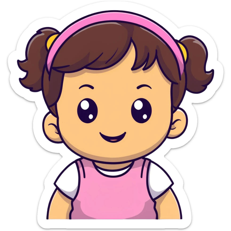 smiling toddler face with big eyes, medium skin tone, dark wavy hair, and a hair band sticker