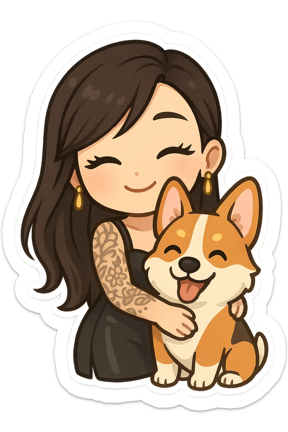 chibi sticker of an Asian girl with long hair and wispy deep side bangs, wearing a black leather dress, gold earrings, false lashes, and a 3/4 sleeve tattoo on her left arm, hugging a happy red head tri-color corgi, simplified, clear, emoji-like sticker