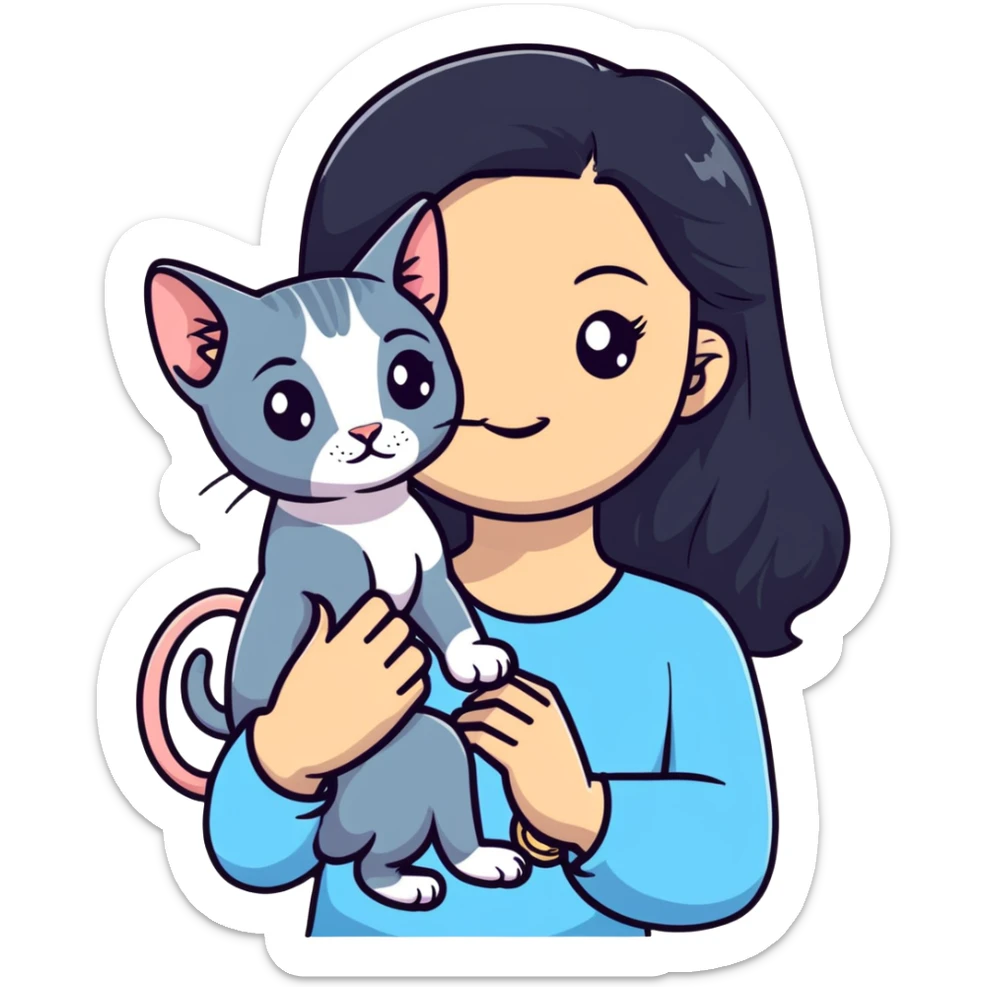 beautiful girl with long black hair holding a hairless sphinx cat sticker
