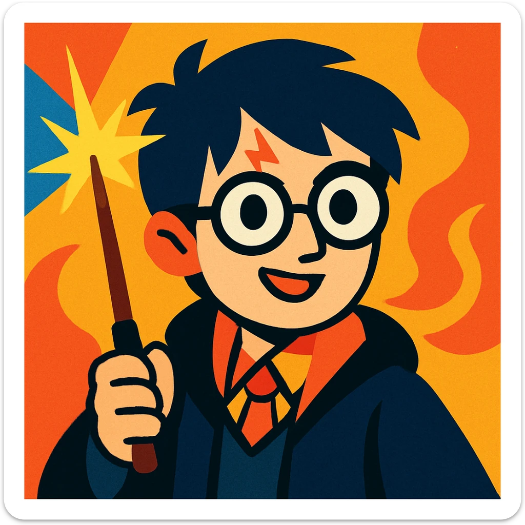 Harry Potter with glasses, lightning scar, and wand in vibrant cartoon style sticker