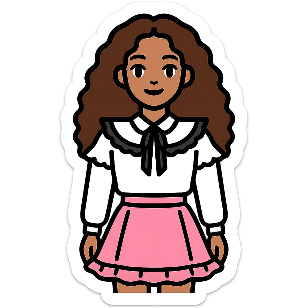 Make the girl with longer curly brown hair, keeping her light skin, brown eyes, white blouse with ruffles, and pink skirt with ruffles, no background. sticker