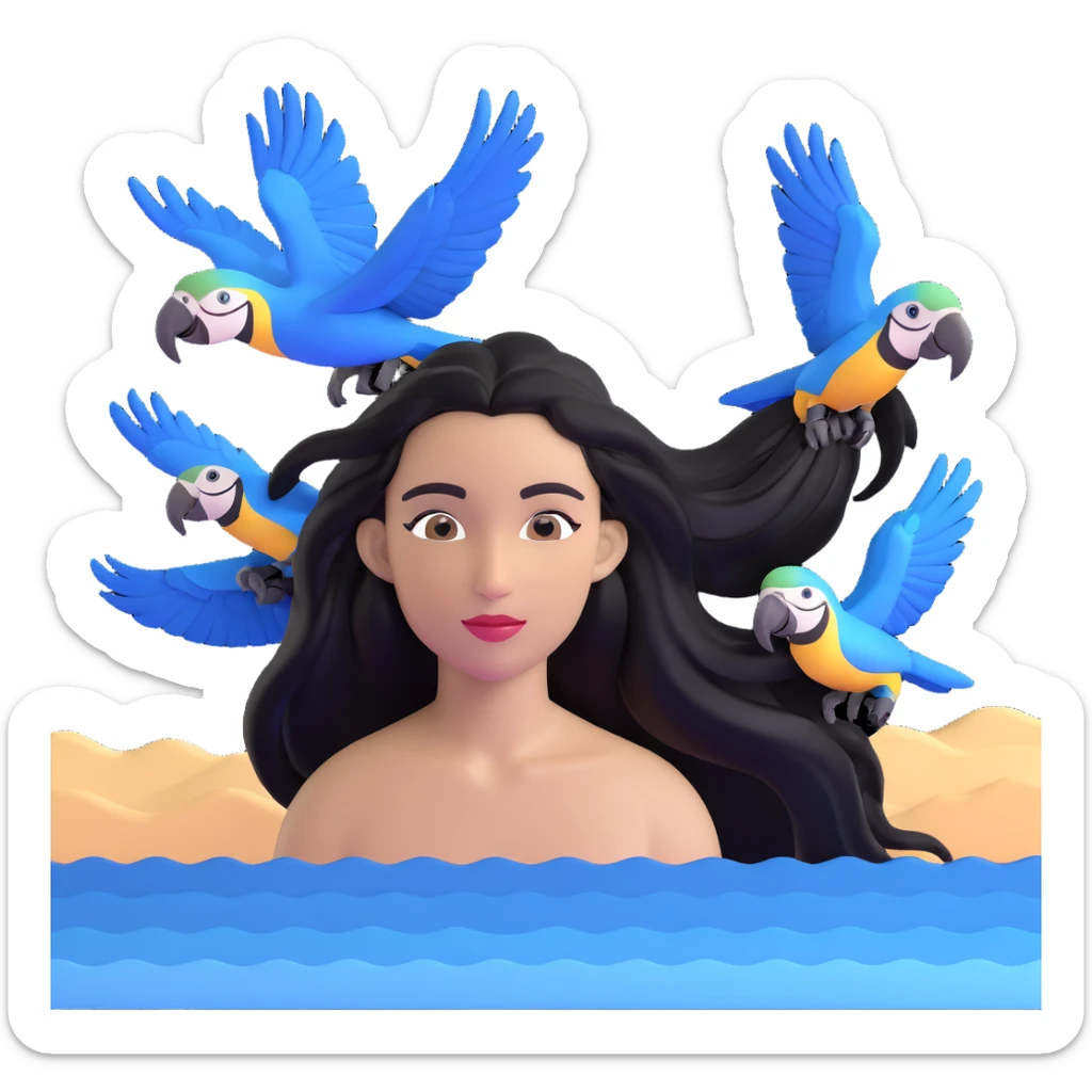 close-up of a woman's face with long black hair, light brown skin, blue macaws flying around her head, and the arches of Atalaia Beach (Aracaju-SE) subtly in the background sticker
