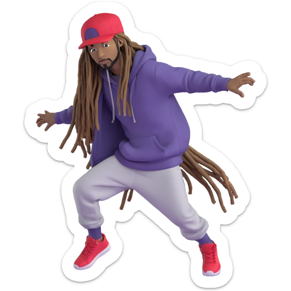 hip-hop artist with dark skin, long dreadlocks, wearing hoodie and cap, energetic pose sticker