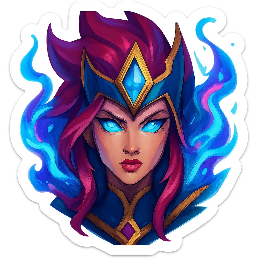 headshot of a League of Legends champion face, different gender, magical elements, bold colors sticker