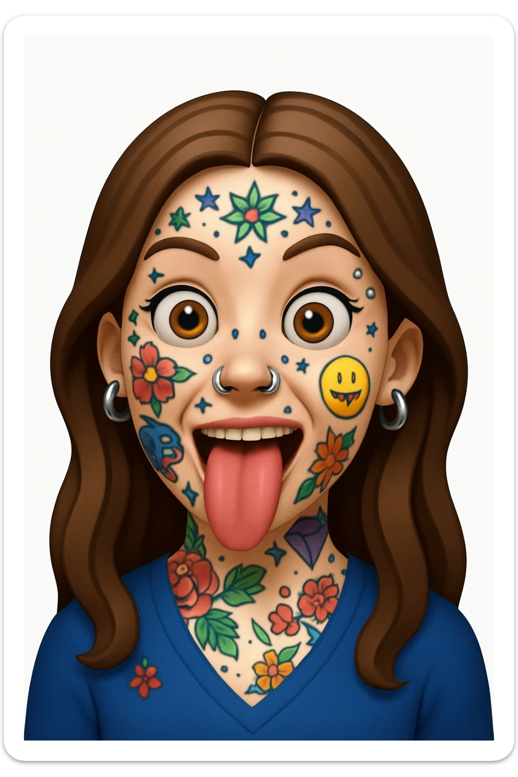 A 3D emoji in iOS emoji aesthetic style of a wild expressive person with colorful tattoos, multiple facial piercings, sticking out their tongue and making a funny face, glossy Apple-style design, clean white background, vibrant and bold look. sticker