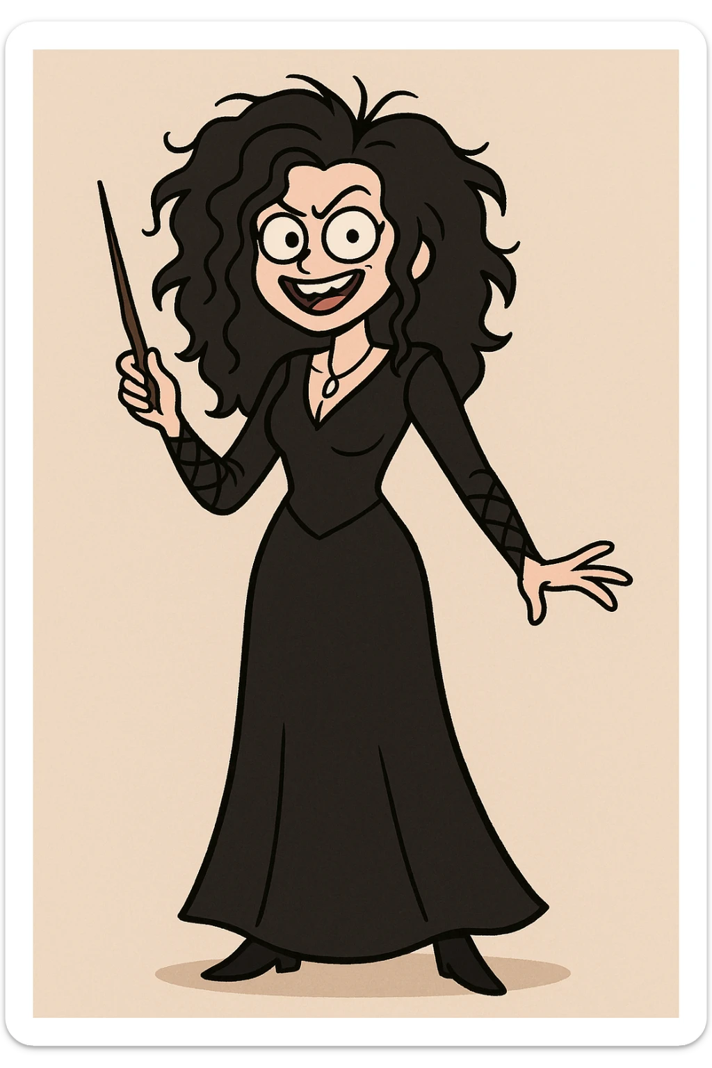 full body illustration of Bellatrix Lestrange in cute, cartoon, simplified style with bold black lines and soft colors, messy black hair, crazy expression, wearing long black dress sticker