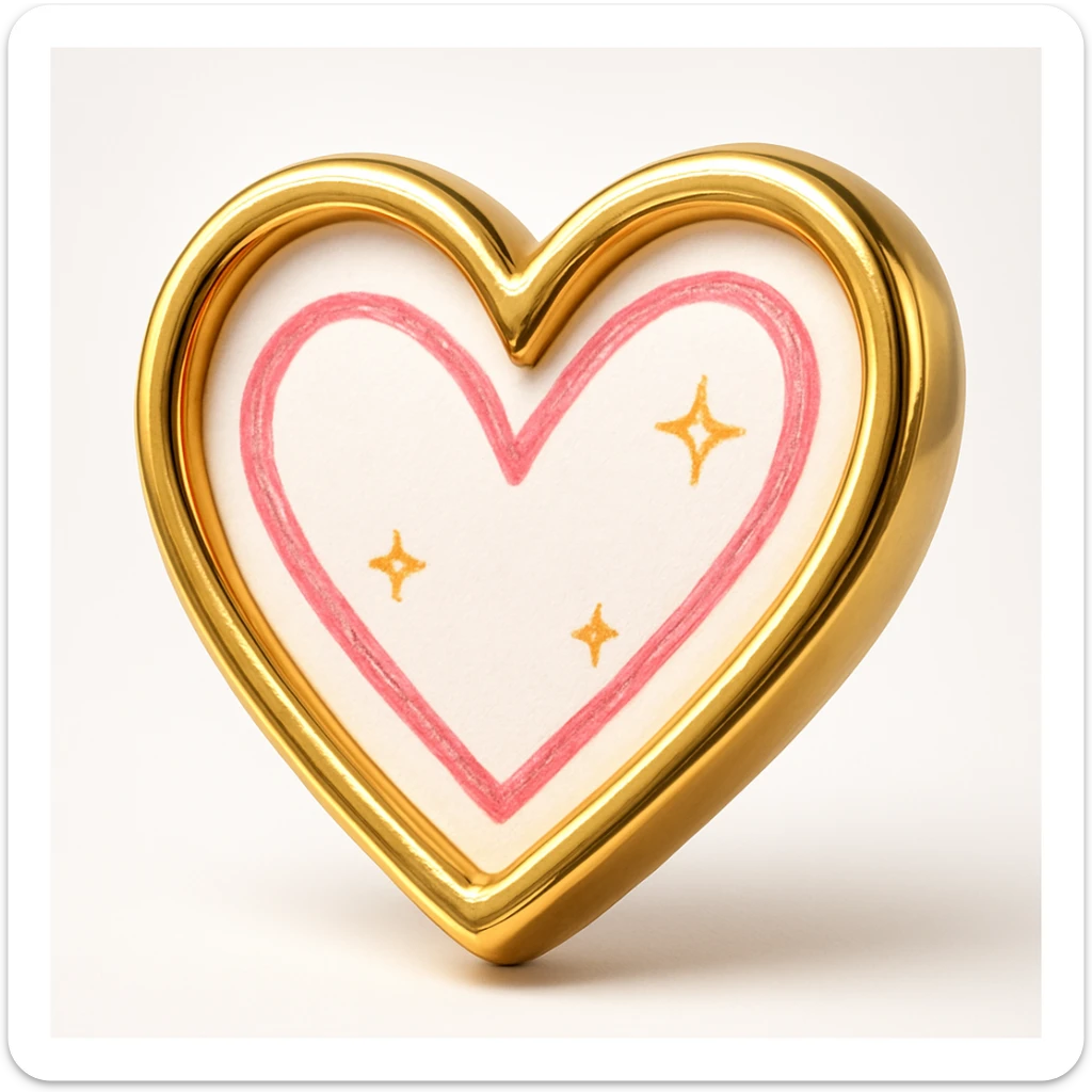 Add a gold outline to the large pink hand drawn heart with sparkles, keep the white clean background. sticker