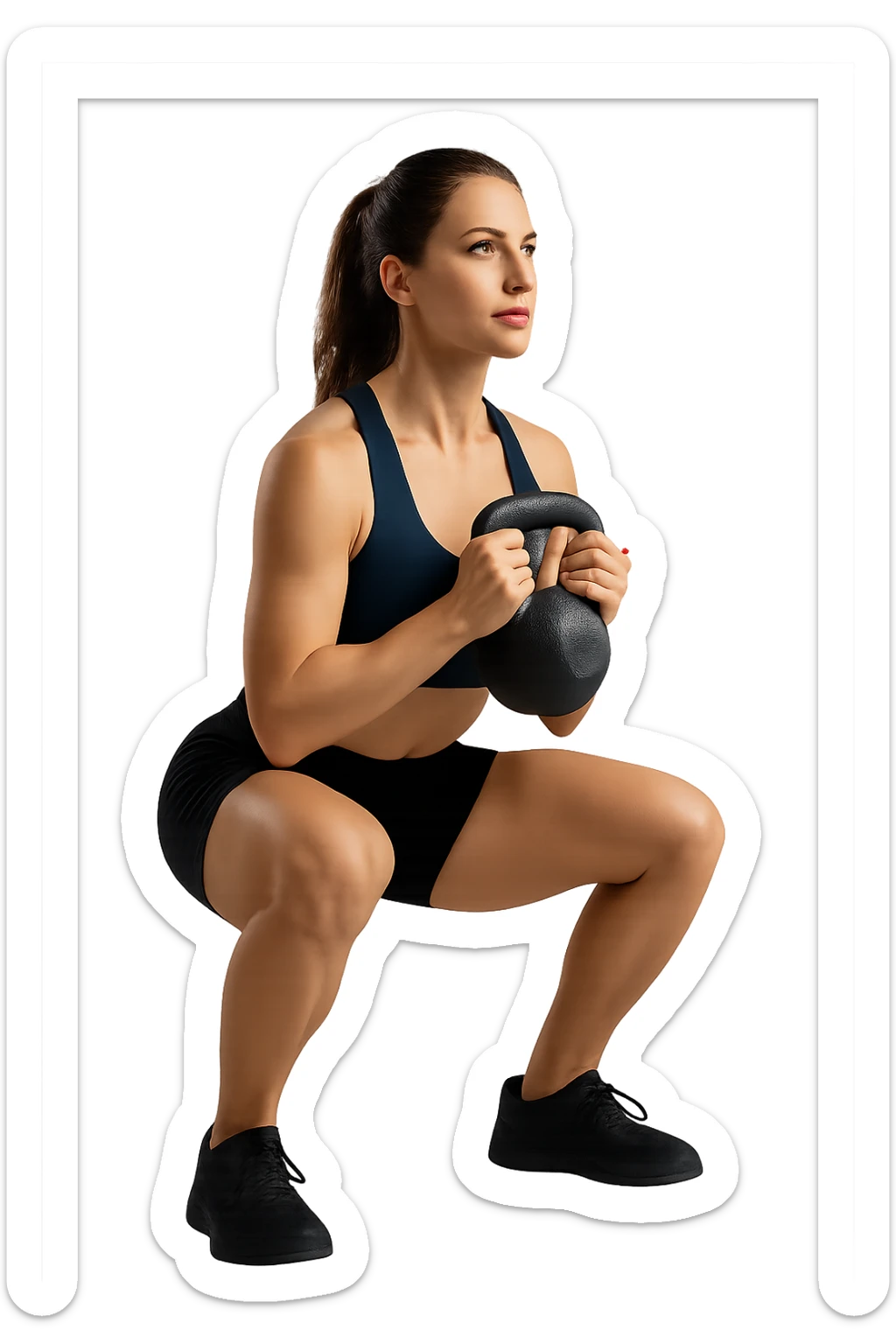 donna fitness in forma con kettlebell mentre fa uno squat, isolata su sfondo bianco sticker