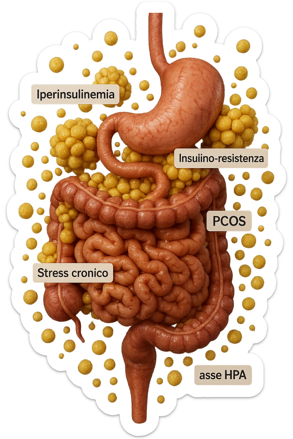 STOMACO E INTESTINO SONO VERTICALMENTE COLLEGATI E INTORNO A QUESTI ORGANI CI SONO CELLULE DI GRASSO GIALLE ATTACCATE SOPRA A GRAPPOLI, intorno fluttuano cellule di grasso giallo e alcune targhette con queste parole "Iperinsulinemia", "insulino-resistenza", "PCOS", "Stress cronico", "asse HPA", FALLO REALISTICO, NON DISEGNATO, IPERREALISTICO 4K sticker