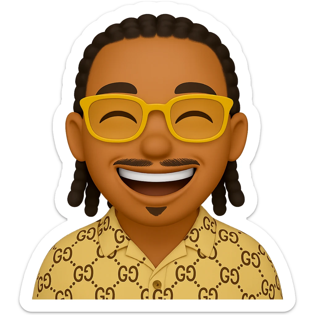 Transform the character into the style of the emoji 'Joy' with a big bright smile, eyes squinting happily, very joyful expression. Keep the face thin, beard only on the chin, mustache above the upper lip, no hair under the lower lip. Add yellow glasses, braided hair, beige patterned shirt. Transparent background. sticker