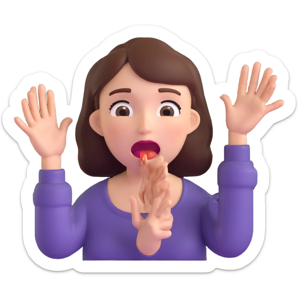 woman with drooling face and hands reaching for food, showing strong hunger sticker