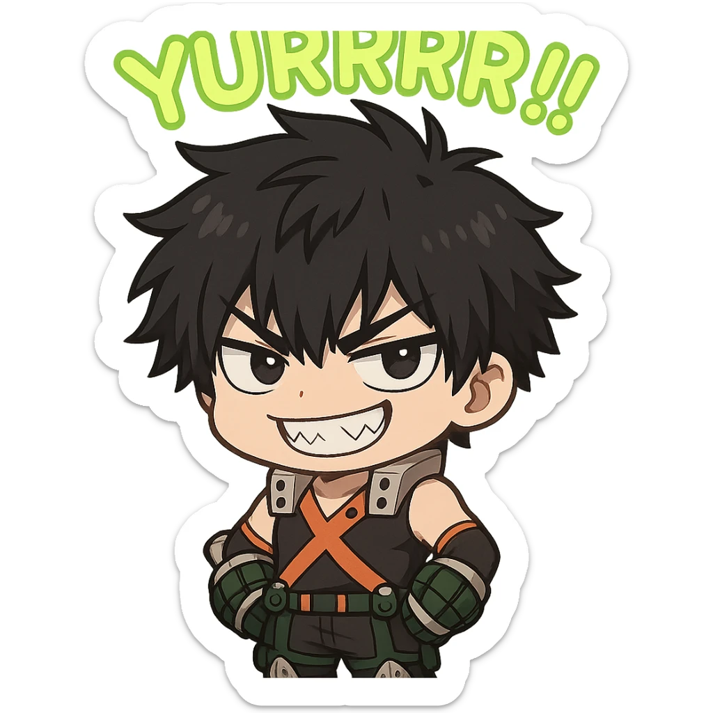 Create a chibi style illustration of Bakugou Katsuki with black hair and a mischievous toothy grin. Include the word 'Yurrrr!!' in neon lime green text above him. The background should be transparent. sticker