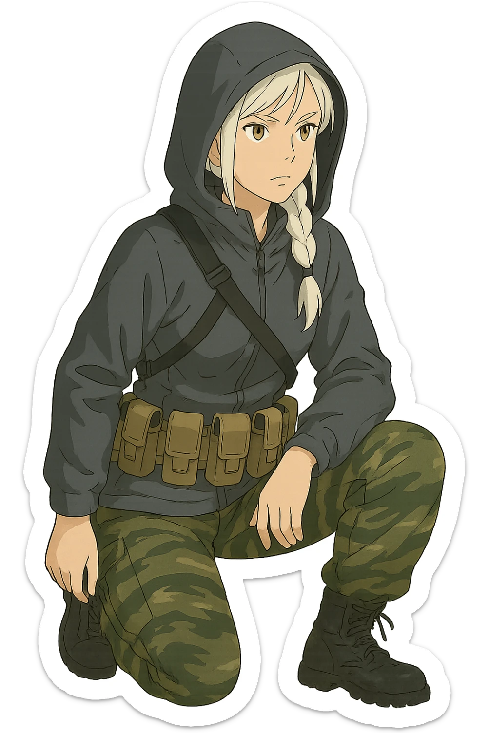1 female, mid-20's  white hair long braid, gold yellow eyes, gray waterproof tactical shirt hoodie, hood up, single point sling, tan mag pouches on belt rig, tiger stripe camo pants, kneeling, stern focused expression sticker