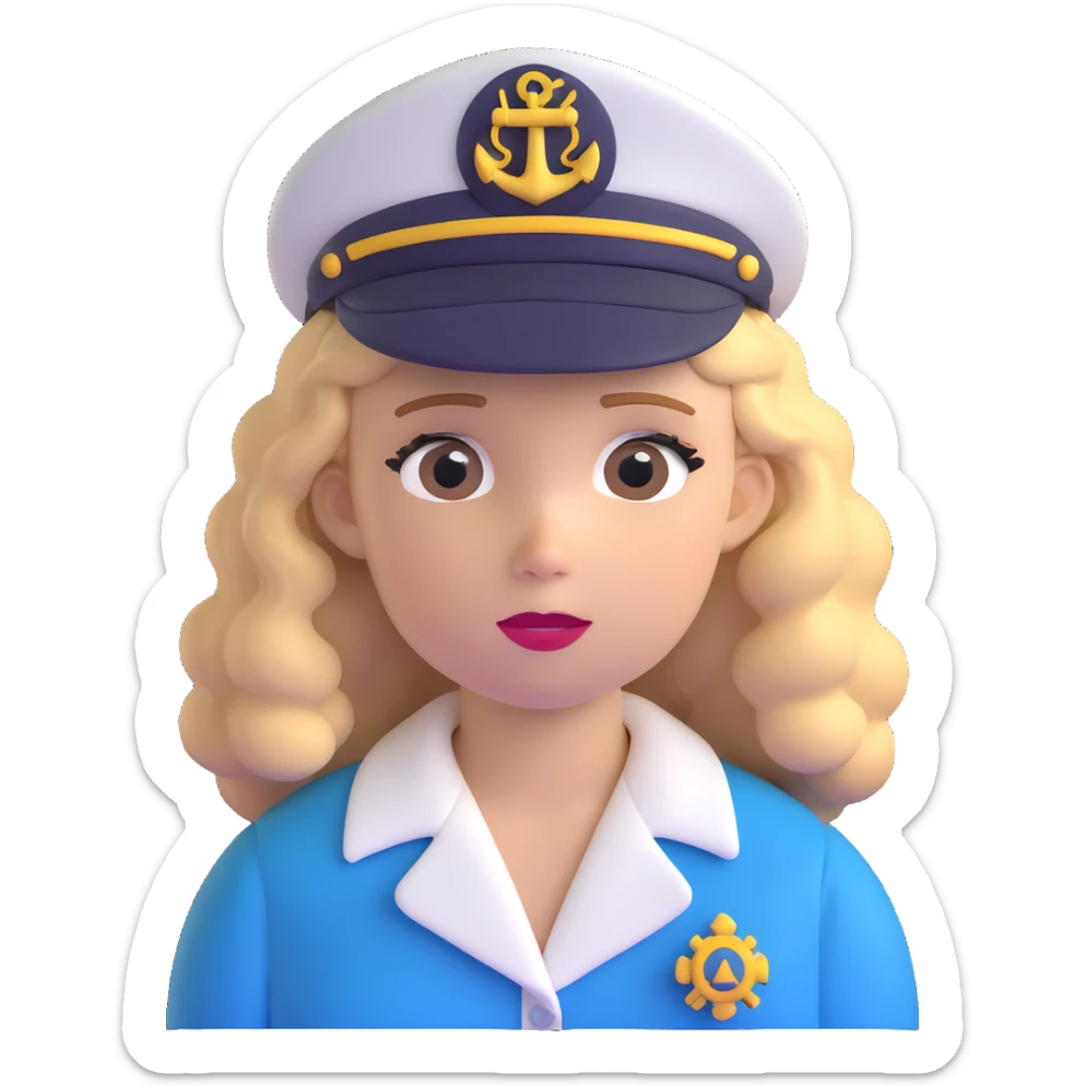 girl with curly dirty blonde hair, cruise captain hat, looking puzzled sticker